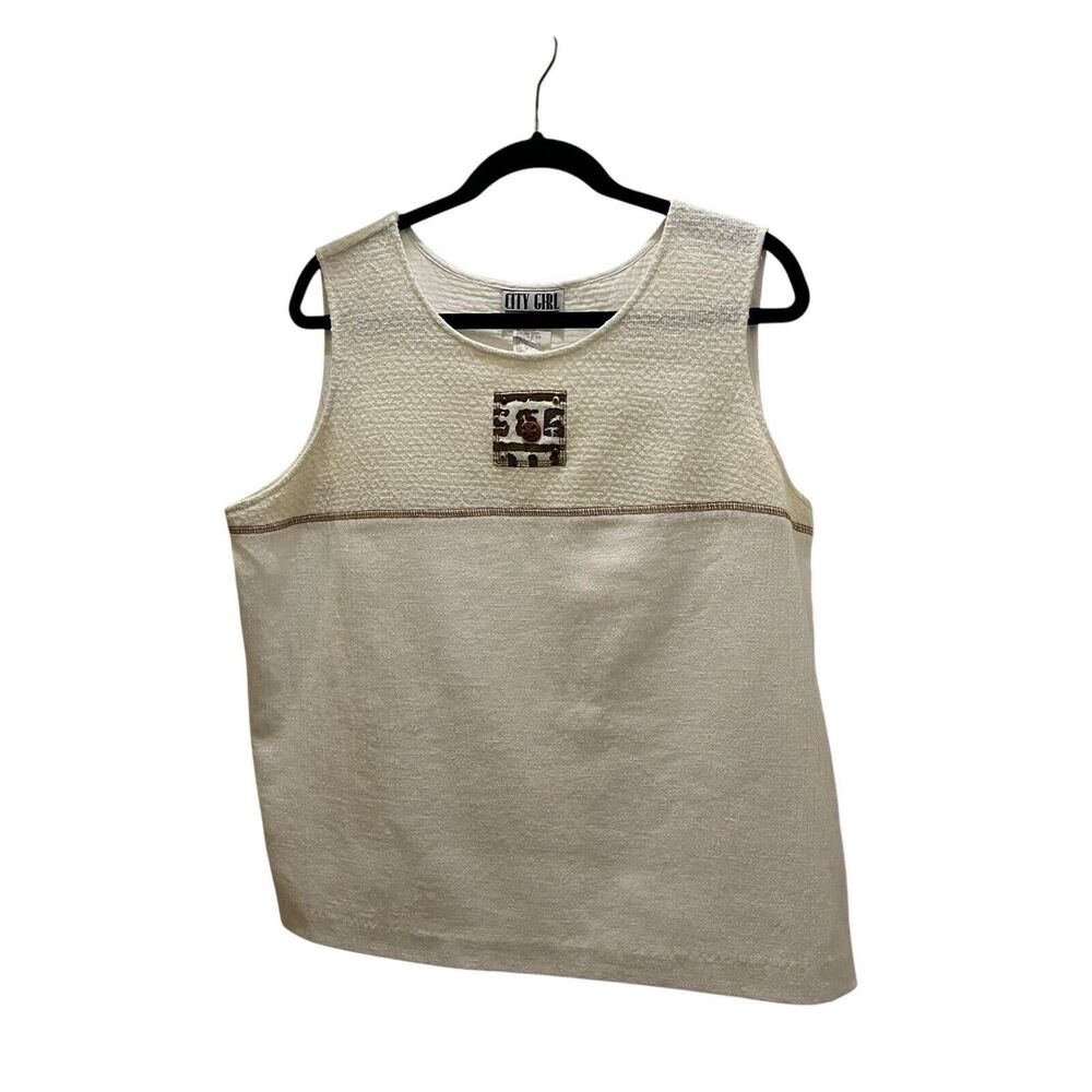 City Girl VTG African Boho Safari Boxy Sleeveless Top Cream Womens Size XL